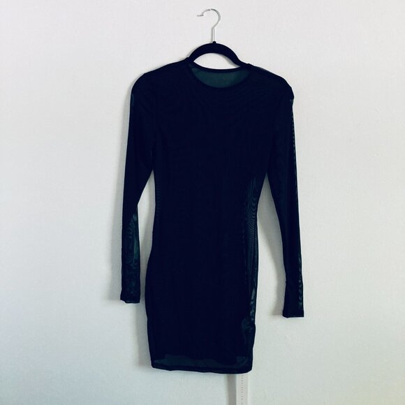 Black Mesh Body-con Mini Dress with Thumb Holes SMALL - Picture 2 of 6